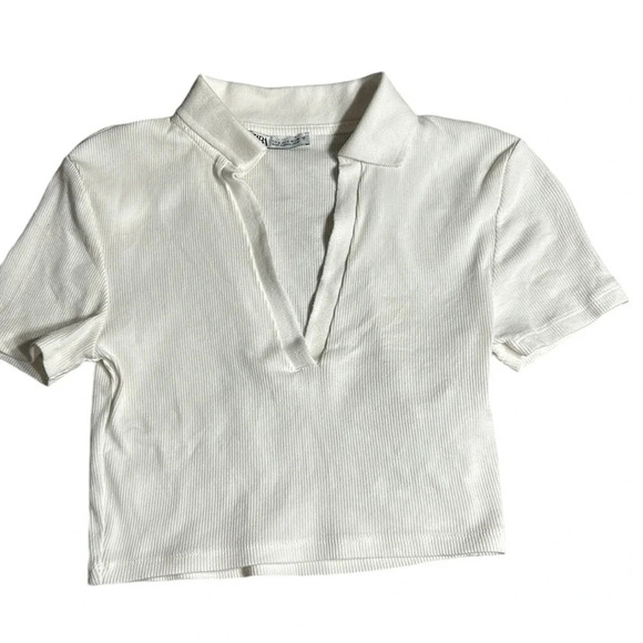 Zara  crop top . Women XXS deep Vee,cotton knit,rib,short sleeve,shirt collar - Picture 5 of 10